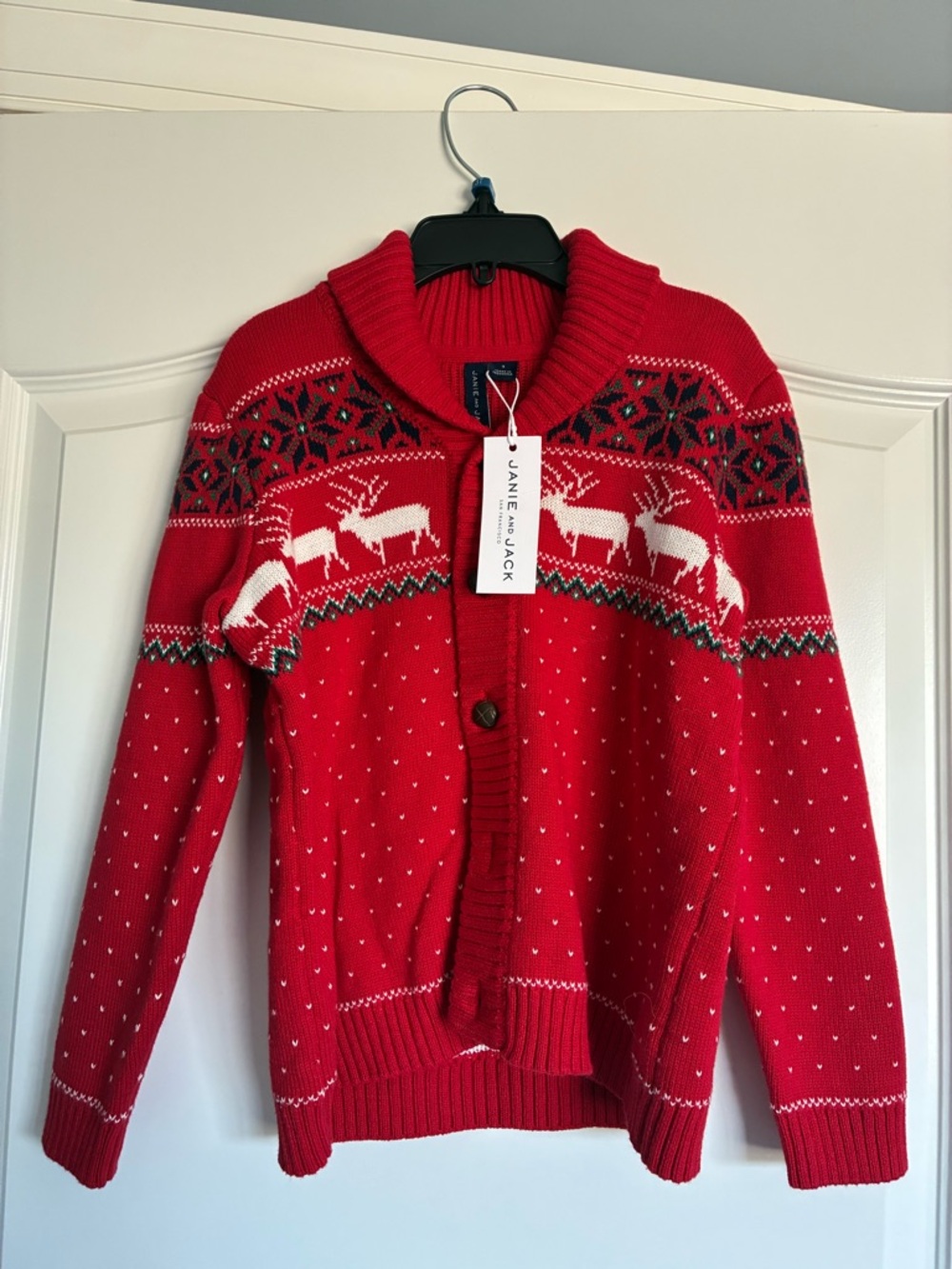 Janie and Jack Red Reindeer Fair Isle Shawl Collar Cardigan